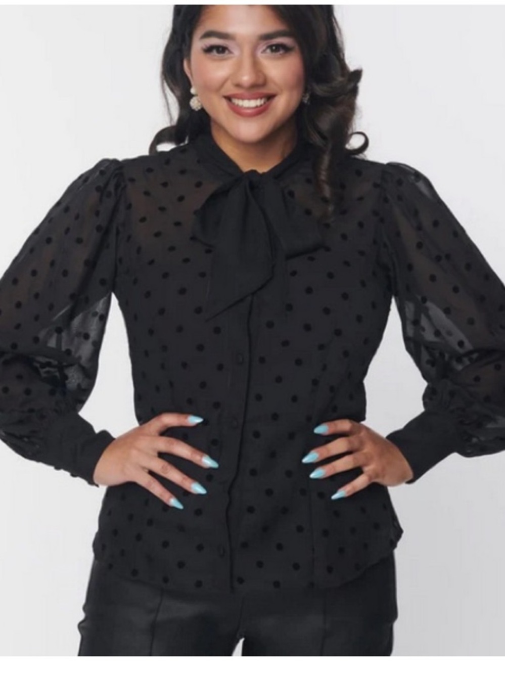 NWOT - Unique Vintage - Black Flocked Polka Dot Gwen Blouse - Large - Picture 2 of 5